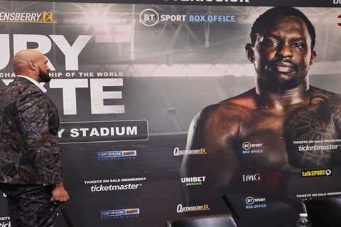 Watch hilarious moment Tyson Fury stares down a POSTER of Dillian Whyte as opponent fails to attend ..