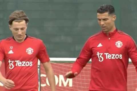 Robbie Savage expertly captions Cristiano Ronaldo’s chat with son at Man Utd training