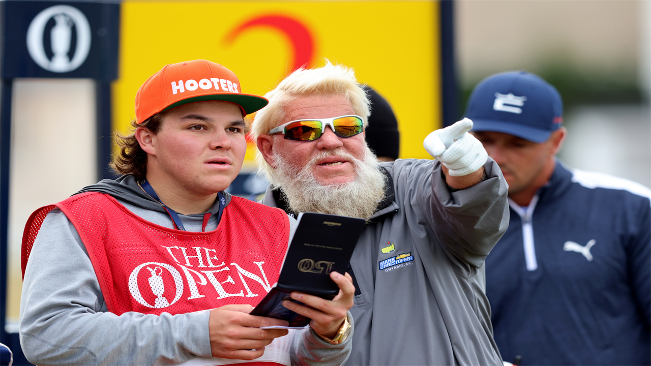 John Daly tees off for The Open with Hooters golf bag as his caddy, son John II, wears matching hat at St Andrews