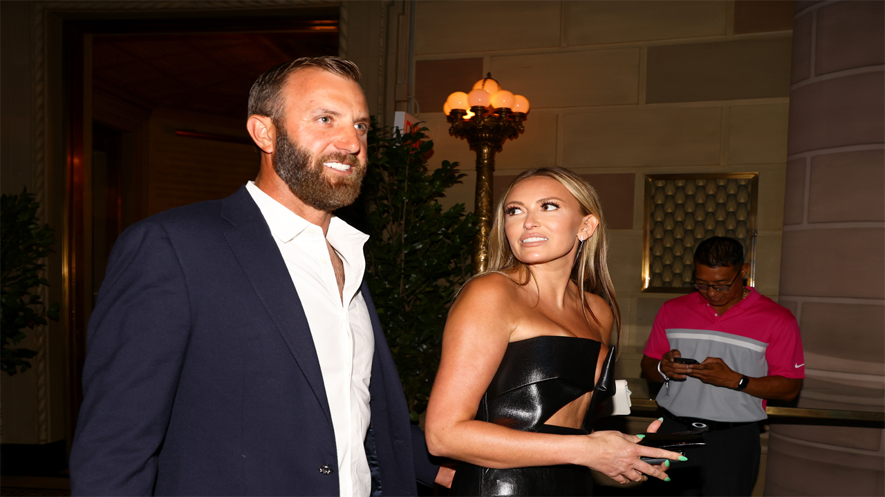 Paulina Gretzky stuns in daring black leather dress as she and Dustin Johnson arrive for LIV Golf welcome party