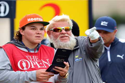 John Daly tees off for The Open with Hooters golf bag as his caddy, son John II, wears matching hat ..