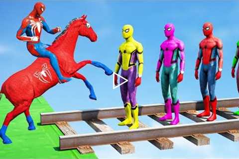 GTA 5 Gameplay Ragdolls Red Spiderman Horse On Spiderman Color Bridge Parkour (Funny Moments Fails)