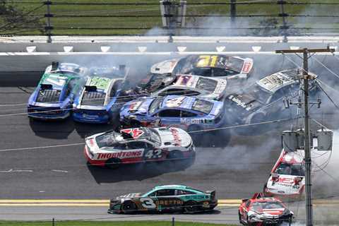 Watch shocking moment almost EVERY car is wiped out in huge Nascar crash during rainstorm in Daytona