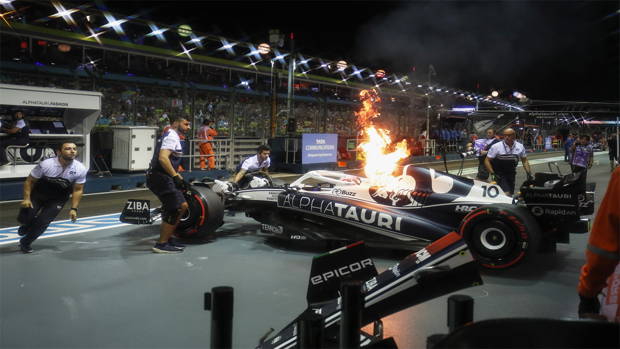 Watch Pierre Gasly’s F1 car burst into flames forcing Frenchman to leap out of fire ravaged Alpha Tauri