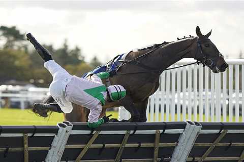 Amazing photos show jockey’s spiralling head-first fall onto the turf after unruly horse unseats..