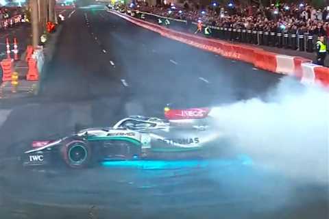 Lewis Hamilton almost CRASHES as doughnuts stunt spirals out of control at Las Vegas GP launch party