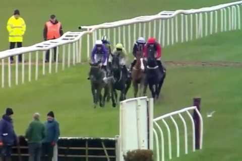 Watch the ridiculous moment dozy groundsmen are almost RUN OVER at fence during horse race