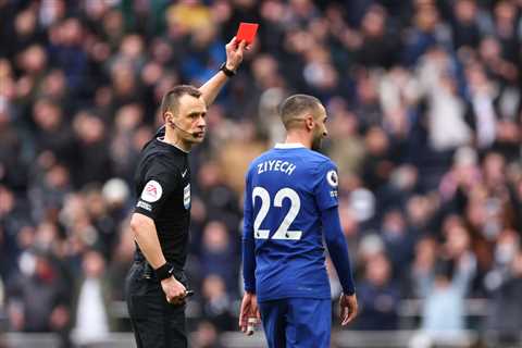 Chaos at Tottenham as Chelsea’s Hakim Ziyech shown red card for pushing Emerson Royal in face..