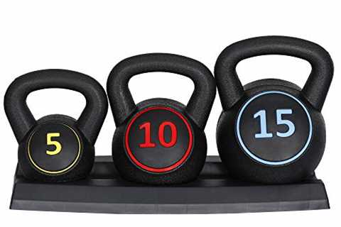 F2C 3-Piece Kettlebell Set with Storage Rack 5lb, 10lb, 15lb Weights HDPE Coated Concrete..