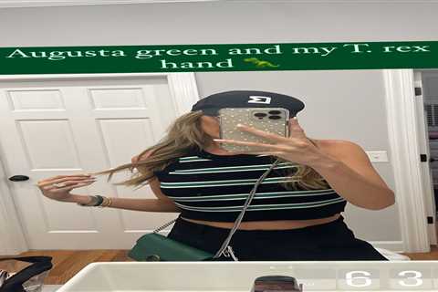 Stunning model Jena Sims flaunts green outfit and does ‘T-Rex hand’ to celebrate husband Brooks..