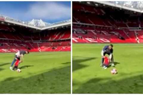 Man Utd star Bruno Fernandes cleans out a child during kick about at Old Trafford