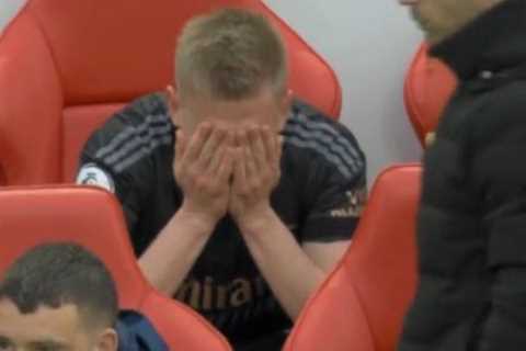 Arsenal star Oleksandr Zinchenko looks in tears on bench after being beaten by Alexander-Arnold for ..