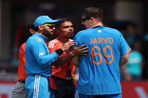 Notorious prankster Jarvo 69 invades the pitch at cricket World Cup and squares up to angry India..