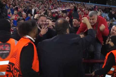 Nottingham Forest owner Evangelos Marinakis seen celebrating with Olympiakos fans at Aston Villa’s..